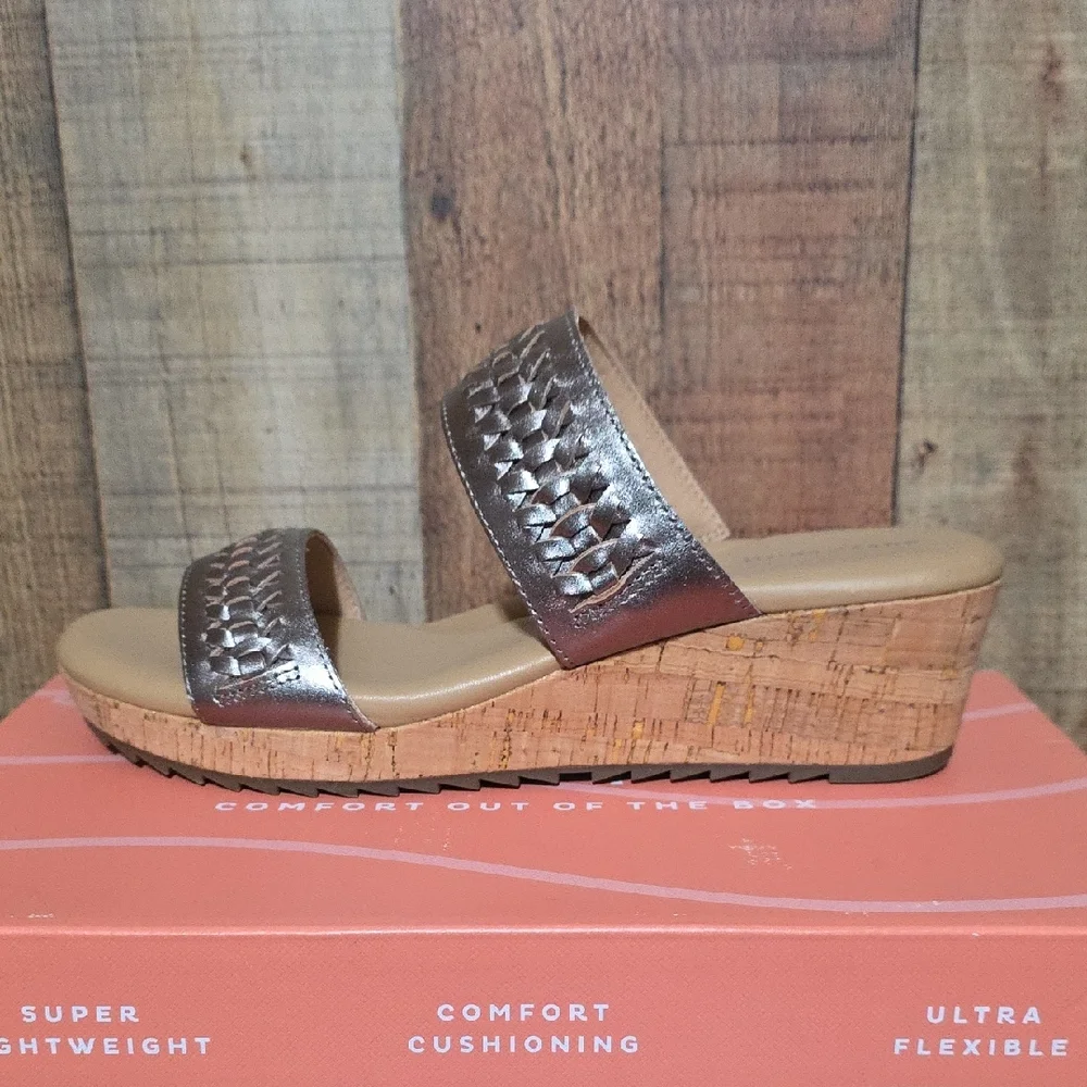 Easy Spirit Silver Metallic Two-Band Cork Wedge Slide